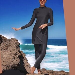 Full Body Swimsuit 2pc Pant/Long Tunic Swimwear, Large Black NWT Birkini Muslim